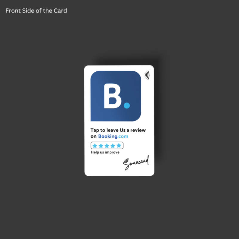 Simplify feedback collection with Smaacaad Booking.com Review Card with NFC and QR Code. Tap or Scan and boost your business.