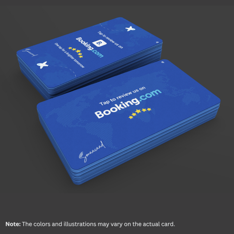 Tap and get reviews with Smaacaad NFC Booking.com card in Dubai, UAE